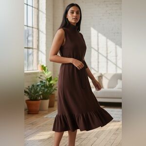 Calvin Klein Burgundy Knit Midi Dress High Neck Tie Waist Ruffle Hem | SM